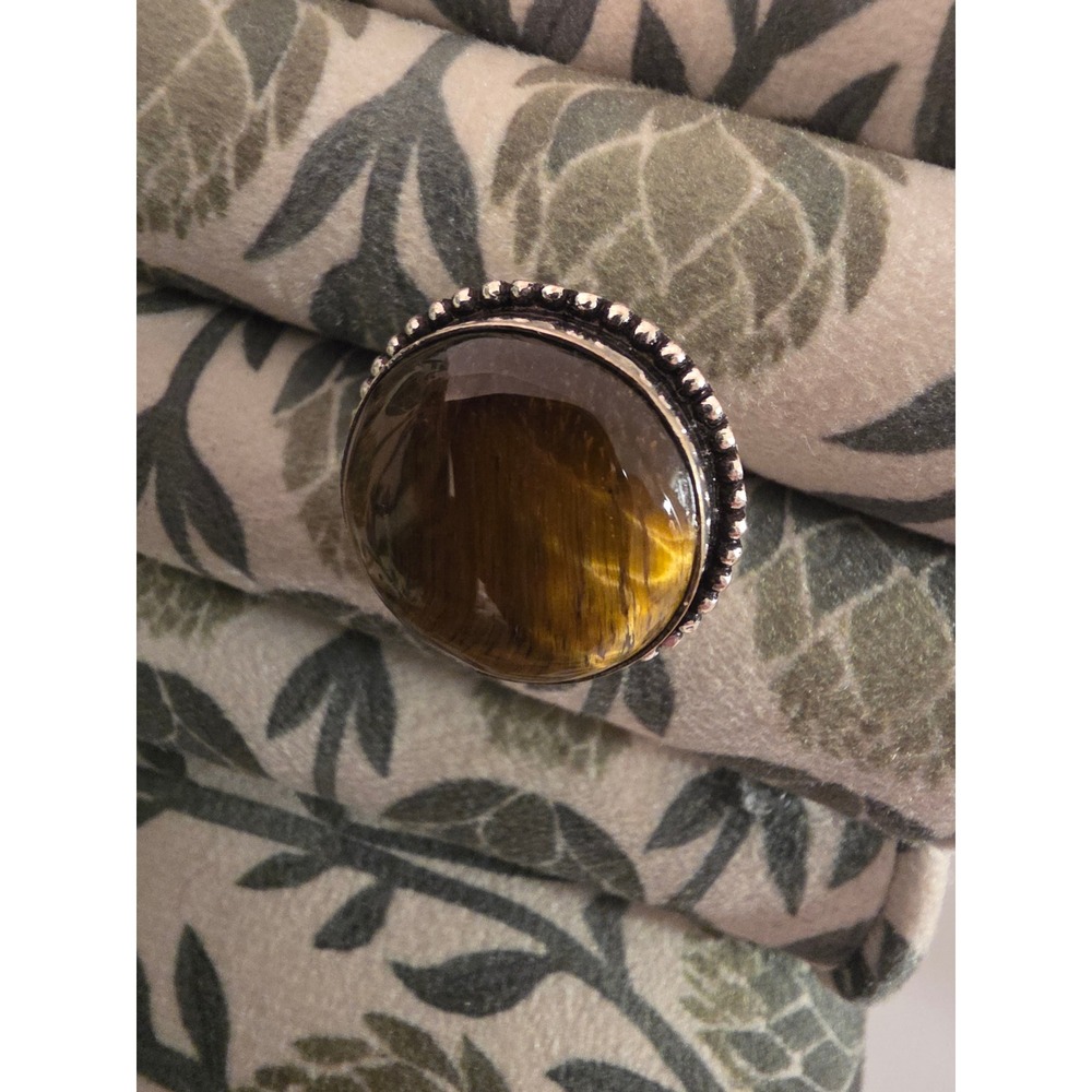 Sterling Silver 925 Tigers Eye Round Cabochon Beaded Statement Ring Size 6.5